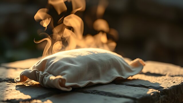 Subtle steam rising from a cloth-wrapped poultice on a stone surface.