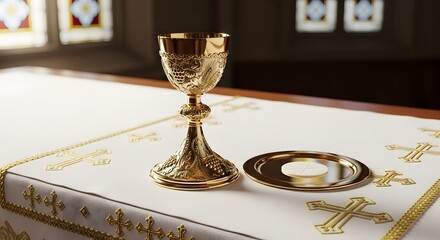 Golden chalice and paten on ornate altar cloth in Corpus Christi church interior