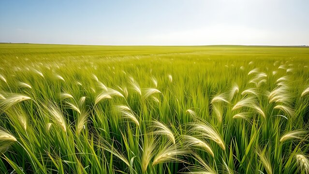 Vast meadow of lush perennial ryegrass under clear sky with gentle wind.