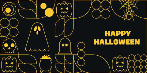 Happy Halloween  banner, greeting card. Happy Halloween poster with yellow outline ghost pumpkin skull spider web cauldron and geometric shapes on black background modern neon style © Mariana