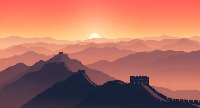 Sunset oriental landscape background with layered mountains