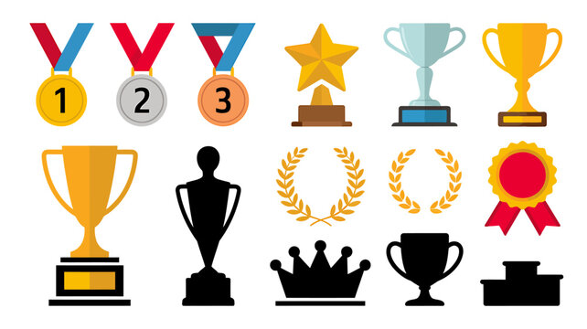 Collection of various awards and trophies icons for winner success concept  medals and laurels