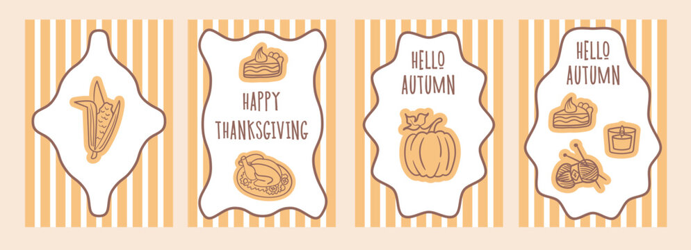 Set of autumn greeting cards with corn, cake, pumpkin, candle, yarn, and thanksgiving message in warm vintage style