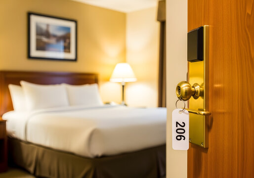 Open Hotel Room Door with Key Tag Showing Number 206
