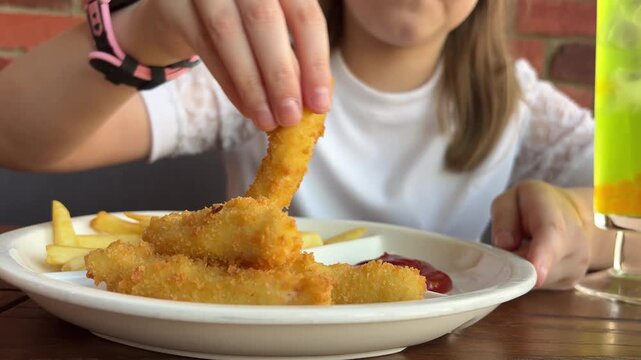 A schoolgirl is eating French fries and chicken nuggets at a cafe restaurant. Junk food for children
