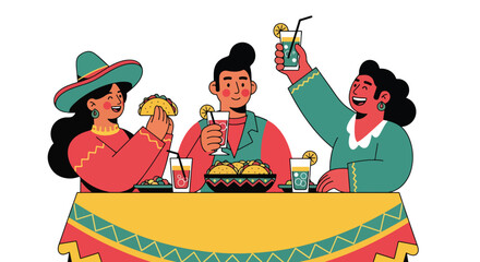 Fototapeta premium Flat style vector illustration of friends enjoying tacos and drinks at festive table, representing Cinco de Mayo celebration, Mexican food culture, and social gathering atmosphere