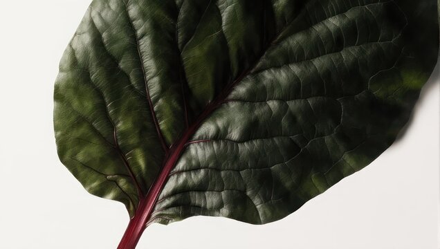 Single Red Veined Spinach Leaf on White Background.