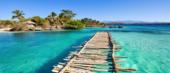 Fototapeta premium Idyllic Tropical Island with Rustic Wooden Pier and Crystal Clear Turquoise Water