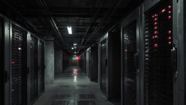 Server Room Corridor - A Dark and Mysterious Data Center.