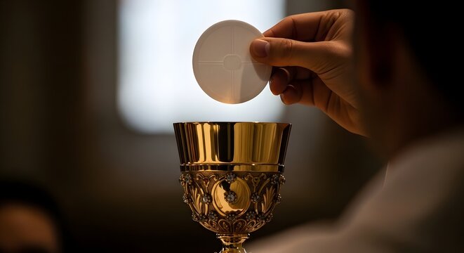 A hand holds host over ornate chalice in Corpus Christi ceremony indoors.