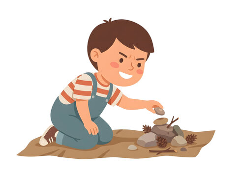 Illustrated young child focused on stacking stones, joyful and engaged