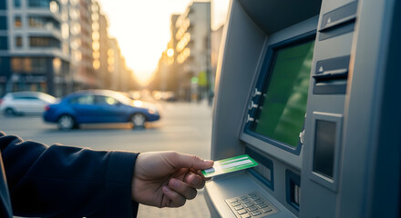 Obraz premium Person using a credit card at an outdoor atm machine