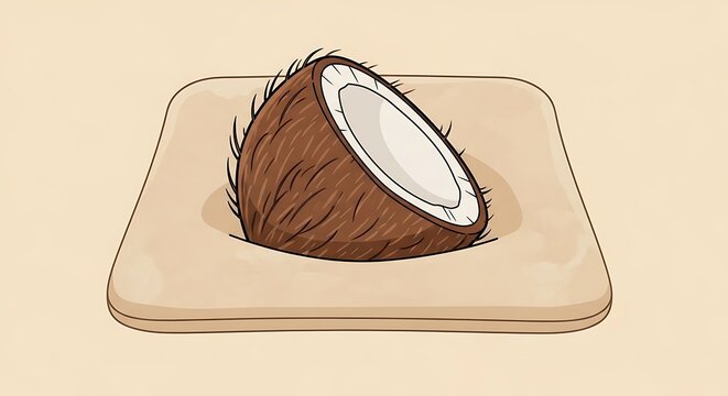 Half Coconut on a Wooden Cutting Board - A Tropical Delight.