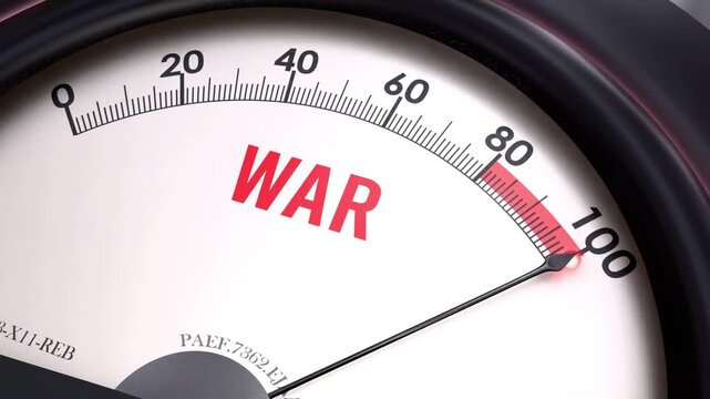 War off the charts. Meter showing increasing, dangerous and high levels of war, potential overload. Maximum and critical war