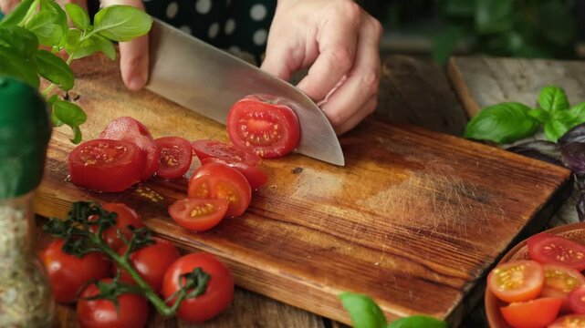 Woman cooking caprese salad. Hands cutting fresh tomatoes on wooden cutting board. Italian cuisine. 