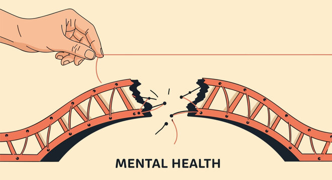 Mental health, broken bridge, vector illustration, psychology concept, emotional wellness