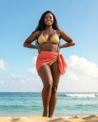 Obraz premium Dark-skinned woman in gold bikini and orange sarong standing on sandy beach with ocean, blue sky, and white clouds in background, exuding confidence and joy.