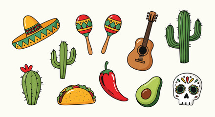 Flat style vector illustration of Mexican cultural icon set including cactus, chili, taco, guitar, sombrero and skull, colorful collection for Cinco de Mayo design © Amie