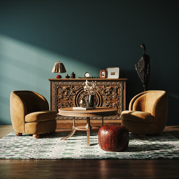 Interior design. Living room. Contemporary home interior. Vintage interior. 3D Rendering, 3D Illustration