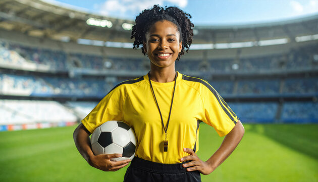 Smiling female referee with soccer ball on field