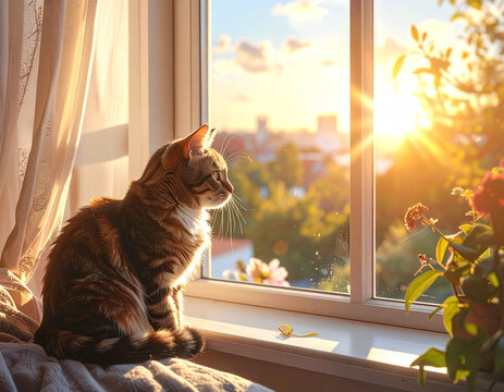 Tabby cat sitting by the window during golden hour sunset.