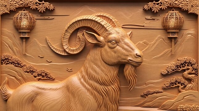 Intricate Wood Carving of a Goat with Oriental Ornaments
