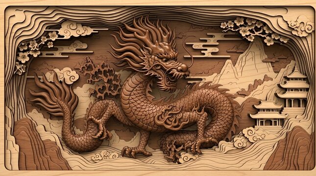 Intricate Wooden Carving of a Mythical Dragon in Traditional Landscape