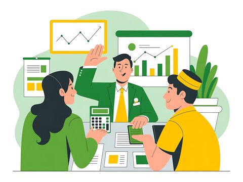 Business meeting showing financial growth statistics on screen with team members present.