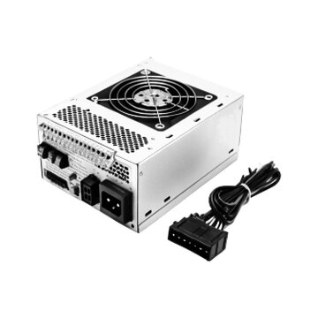 Black and white halftone illustration of computer power supply unit with cooling fan and cable connector, minimal tech concept with retro dot texture.