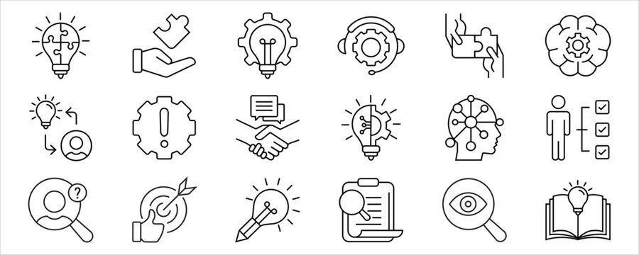 Problem Solving line editable icon set. Containing Problem, Solution, logic, strategy, thinking, process, decision, idea, and more. Editable stroke. Vector illustration