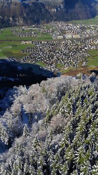 Panoramic view town Interlaken landscape from the Harder Kulm viewpoint in Switzerland aerial drone
