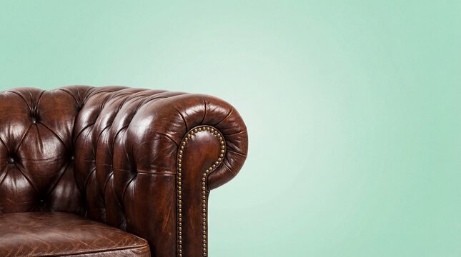 Classic brown tufted leather armchair against a solid mint green wall