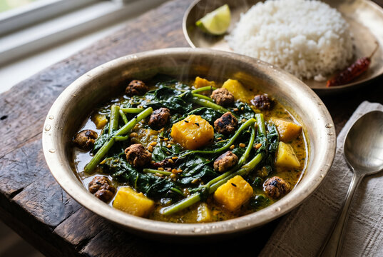 Traditional malabar spinach pui saag curry in brass bowl with rice