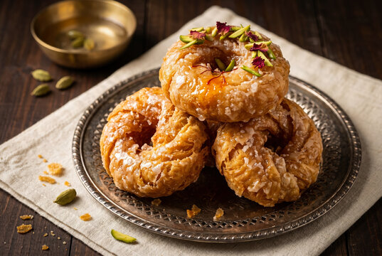 Traditional indian sweet balu shahi pastry with sugar glaze, saffron, and nuts served on a silver plate.