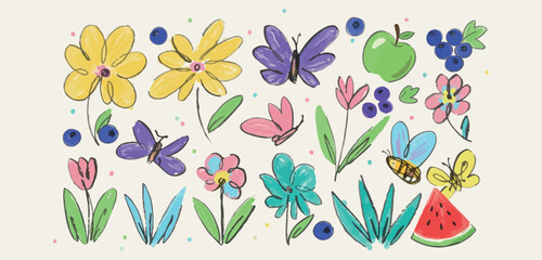 Spring flowers and butterfly garden, blooming meadow and nature illustration, colorful floral and insect doodles, romantic garden party art elements, hand drawn botanical spring collection, butterfly  © Geetaroy