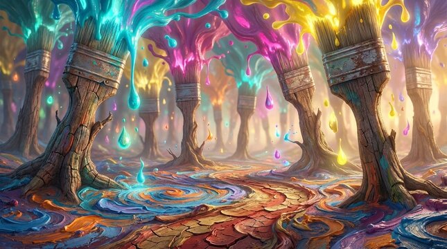 Surreal Paintbrush Forest Concept Art: Whimsical landcape with giant paint bruses as trees, colorful pain splatters, creative 3D reder background
