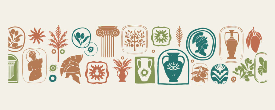 Ancient greek pottery and pillars, classical mediterranean architecture and art, vase and ionic column illustration, greek mythology and history doodles, hand drawn amphora and artifacts, olympic heri
