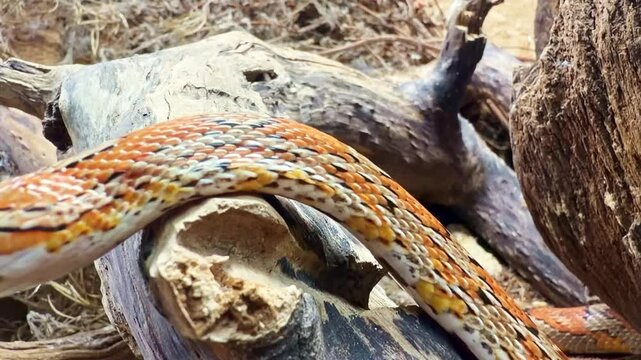 Close-up of orange corn snake moving over wooden branches in its enclosure