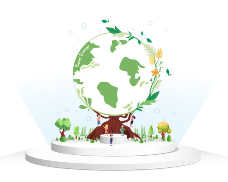 Vector podium empty display with Children are helping to take care of the world, planting trees and support the planet, cleaner and more environmentally