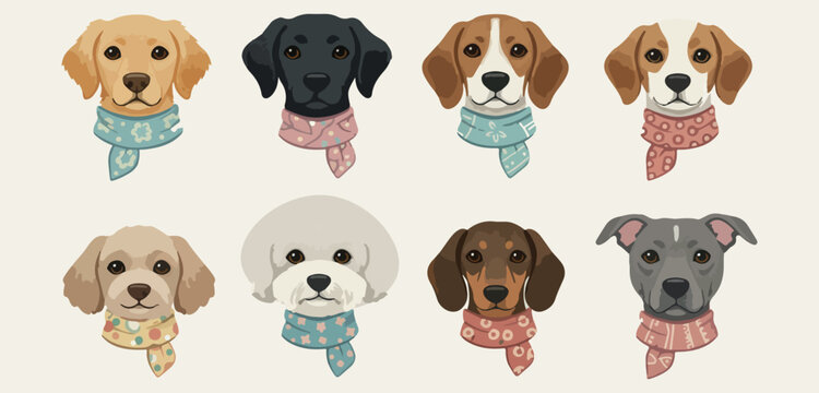 Cute dog breeds portraits set, puppy faces and pet illustration, labrador beagle bichon and dachshund, domestic animal heads vector art, pet grooming and care doodles, hand drawn canine character coll