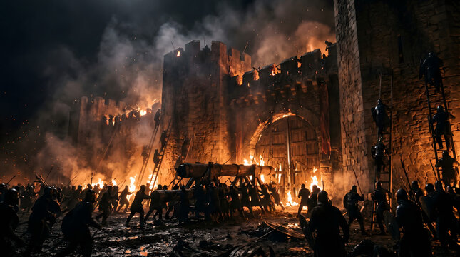 Epic medieval battle scene at night featuring soldiers attacking a burning castle fortress with a battering ram and siege ladders.
