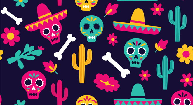 Flat style vector illustration of seamless Cinco de Mayo pattern with skulls, sombreros, cactus and flowers on dark background, vibrant festive design