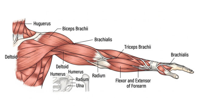Anatomical illustration of the human arm muscles and tendons.