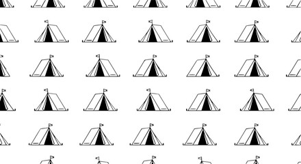 Minimal camping tent icon seamless pattern with red and blue tourist shelter symbols vector background © MdAmzad