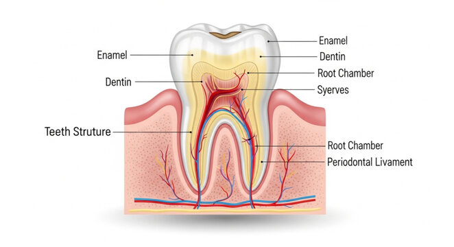 Detailed anatomical illustration of a human tooth cross-section showing internal structures and nerves.