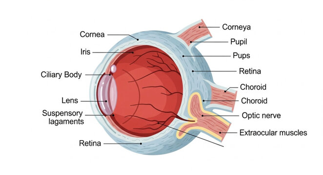 Detailed Anatomical Diagram of the Human Eye Structure.