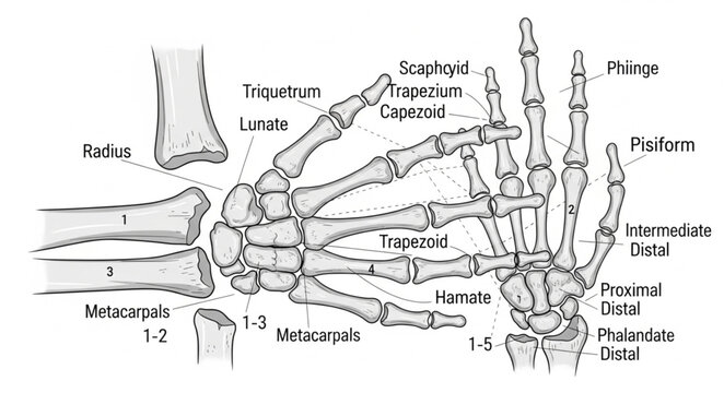 Detailed anatomical illustration of the human hand and wrist bones.