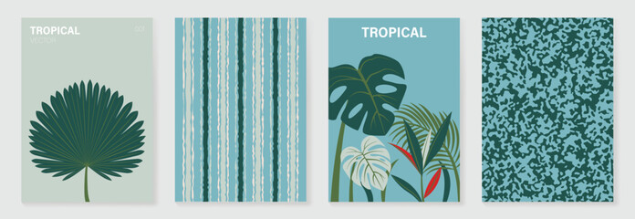 Obraz premium Tropical poster and pattern vector set with palm leaf, monstera leaves, striped background and abstract organic texture. Blue green botanical collection for wallpaper, fabric, packaging and digital pa