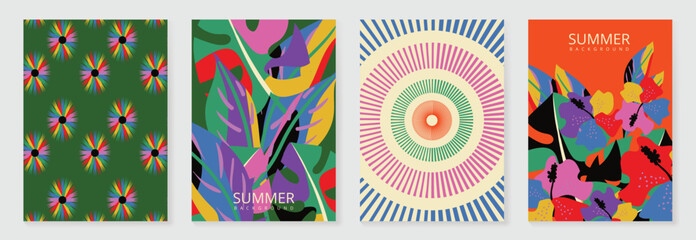 Obraz premium Summer tropical poster and pattern vector set with abstract flowers, floral background, sunburst circle and colorful botanical design. Bright retro collection for wallpaper, fabric and packaging 