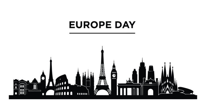 Black vector graphic illustration showing the iconic silhouettes of famous European cities for Europe day celebration